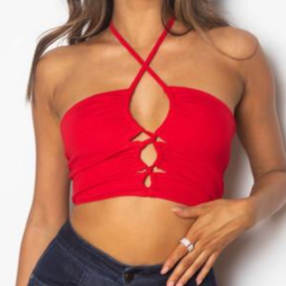 Red Halter Ruched Cross Tie Crop Top